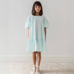 Petite Amalie-Girls Daisy-Embellished Blue Cotton Dress | Childrensalon Outlet