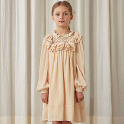 Petite Amalie-Girls Golden Beige Velvet Dress | Childrensalon Outlet