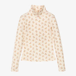 Petite Amalie-Girls Ivory Cotton Floral Roll Neck Top | Childrensalon Outlet