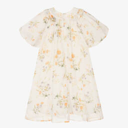 Petite Amalie-Girls Ivory Floral Linen Dress | Childrensalon Outlet
