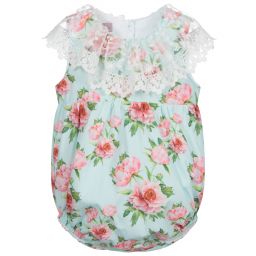 Phi Clothing-Голубой короткий комбинезон из хлопка с цветочным рисунком | Childrensalon Outlet