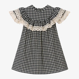 Phi Clothing-Girls Black Cotton Gingham & Lace Dress | Childrensalon Outlet