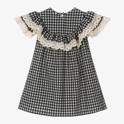Phi Clothing-Girls Black Cotton Gingham & Lace Dress | Childrensalon Outlet