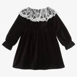Phi Clothing-فستان قطن مخمل مزين بكشكش دانتيل لون أسود | Childrensalon Outlet