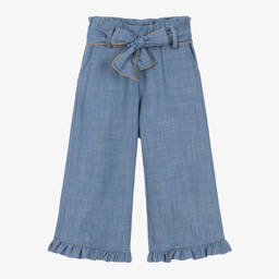 Phi Clothing-Girls Blue Cotton Chambray Wide Leg Trousers | Childrensalon Outlet