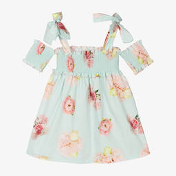 Phi Clothing-Girls Blue Floral Cotton Shirred Dress | Childrensalon Outlet