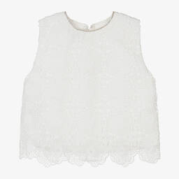 Phi Clothing-توب قطن مزين بدانتيل وديامنتي لون عاجي للبنات | Childrensalon Outlet