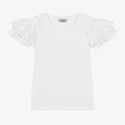 Phi Clothing-Girls White Cotton Frill Sleeve T-Shirt | Childrensalon Outlet