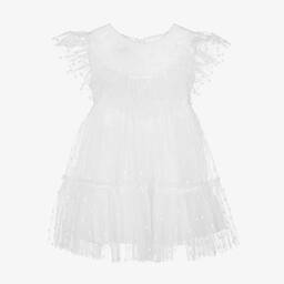 في كلودينغ-فستان تول مزين بكشكش لون أبيض | Childrensalon Outlet