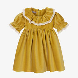 Phi Clothing-Girls Yellow Cotton Velvet Ruffle Dress | Childrensalon Outlet