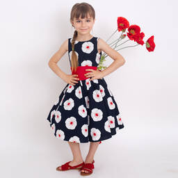 Piccola Ludo-Blue & Red Cotton Poppy Dress | Childrensalon Outlet