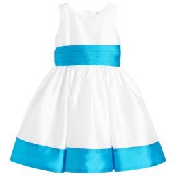 Piccola Ludo-Girls White & Turquoise Satin Dress | Childrensalon Outlet