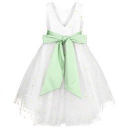 Piccola Ludo-White & Green Tulle Dress | Childrensalon Outlet