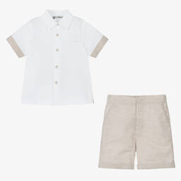 Piccola Speranza-Boys Beige & White Linen Shorts Set | Childrensalon Outlet
