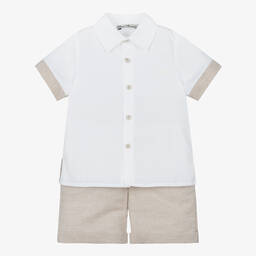 Piccola Speranza-Boys Beige & White Linen Shorts Set | Childrensalon Outlet