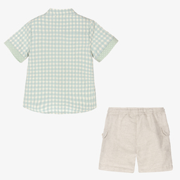 Piccola Speranza-طقم شورت أطفال ولادي مزيج قطن وكتان لون بيج وأخضر | Childrensalon Outlet