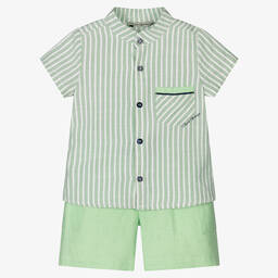 Piccola Speranza-Boys Green Cotton & Linen Shorts Set | Childrensalon Outlet