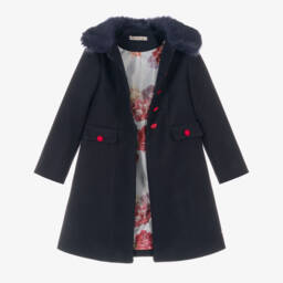Piccola Speranza-Girls Blue Coat with Faux Fur | Childrensalon Outlet