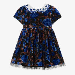 Piccola Speranza-Girls Blue Floral Velvet Dress | Childrensalon Outlet