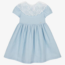 Piccola Speranza-Girls Blue Linen Lace Collar Dress | Childrensalon Outlet