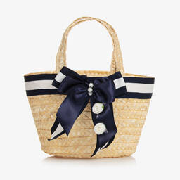 Piccola Speranza-Girls Blue Ribbon Straw Handbag (25cm) | Childrensalon Outlet