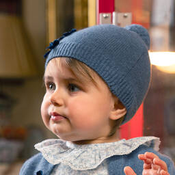 Piccola Speranza-قبعة بيني أطفال بناتي مزيج صوف محبوك لون ازرق | Childrensalon Outlet