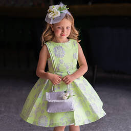 Piccola Speranza-Girls Green & Silver Floral Jacquard Dress | Childrensalon Outlet