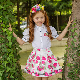 Piccola Speranza-Кремовая атласная юбка с розовой клубникой | Childrensalon Outlet