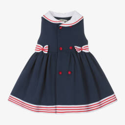 Piccola Speranza-Girls Nautical-Style Cotton Frock in Blue | Childrensalon Outlet