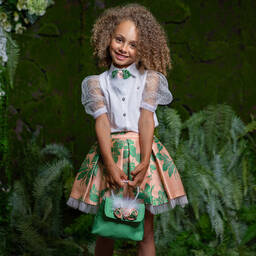 Piccola Speranza-تنورة ساتان تول لون برتقالي وأخضر بطبعة ورود | Childrensalon Outlet