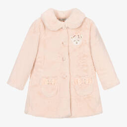 Piccola Speranza-Girls Pink Faux Fur Bow Coat  | Childrensalon Outlet