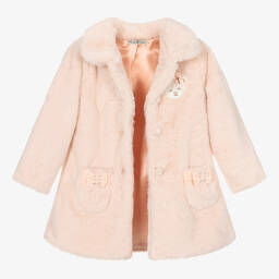 Piccola Speranza-Girls Pink Faux Fur Bow Coat  | Childrensalon Outlet