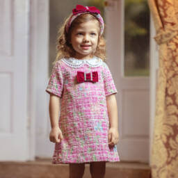 Piccola Speranza-فستان تويد مع ياقة مزينة بترتر لون زهري | Childrensalon Outlet