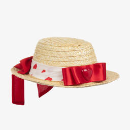 Piccola Speranza-Girls Red Ribbon Straw Hat | Childrensalon Outlet
