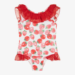 Piccola Speranza-Girls Red Strawberry Ruffle Swimsuit | Childrensalon Outlet