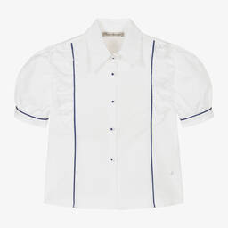 Piccola Speranza-Girls White & Blue Cotton Blouse | Childrensalon Outlet