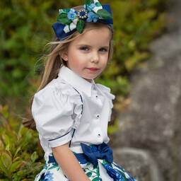 Piccola Speranza-Girls White & Blue Cotton Blouse | Childrensalon Outlet