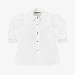 Piccola Speranza-بلوز قطن بوبلين وبروش ساتان لون أبيض للبنات | Childrensalon Outlet