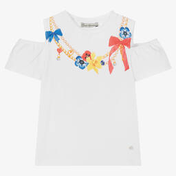 Piccola Speranza-Girls White Cotton Cold Shoulder Top | Childrensalon Outlet