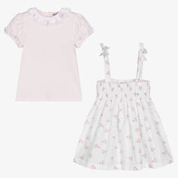 Piccola Speranza-Girls White & Pink Cotton Dress Set | Childrensalon Outlet