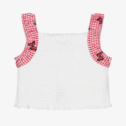 Piccola Speranza-Girls White Shirred Gingham Trim Top | Childrensalon Outlet