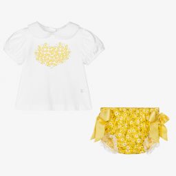 بيكولا سبيرانزا-طقم شورت أطفال بناتي قطن عضوي لون أصفر وأبيض | Childrensalon Outlet