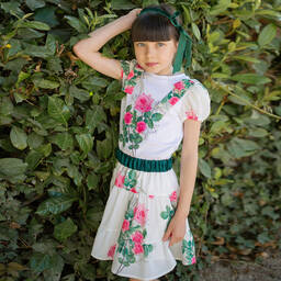 Piccola Speranza-White & Pink Rose Print Skirt | Childrensalon Outlet