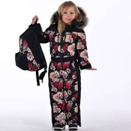 Pilguni-Черный зимний комбинезон с цветами | Childrensalon Outlet