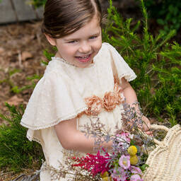 Pili Carrera-Ivory & Gold Plumeti Dress  | Childrensalon Outlet