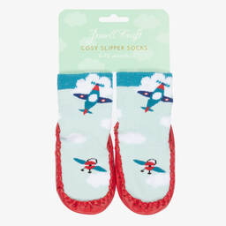 Powell Craft-Boys Blue Aeroplane Slipper Socks | Childrensalon Outlet