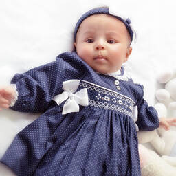 بريتي أوريجينال-طقم فستان قطن مطرز سموكينغ لون كحلي | Childrensalon Outlet