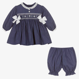 بريتي أوريجينال-طقم فستان قطن مطرز سموكينغ لون كحلي | Childrensalon Outlet