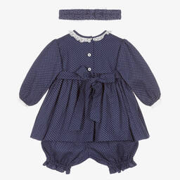 بريتي أوريجينال-طقم فستان قطن مطرز سموكينغ لون كحلي | Childrensalon Outlet