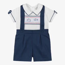 Pretty Originals-Boys Blue Cotton Dungaree Shorts Set | Childrensalon Outlet